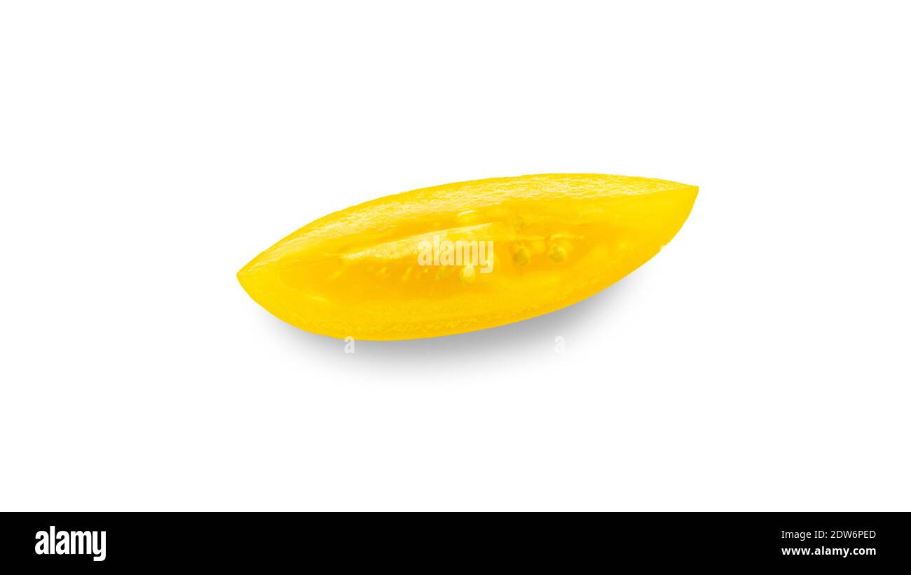 Yellow tomato elongated shape on a white background. Tomato variety Golden lemon or Akmore Treasure. High quality photo Stock Photo