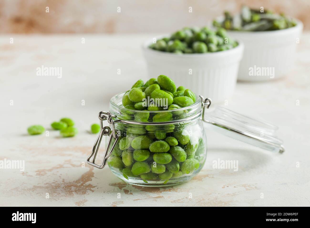 Frozen Soy beans in a glass jar. Freezing is a safe method of