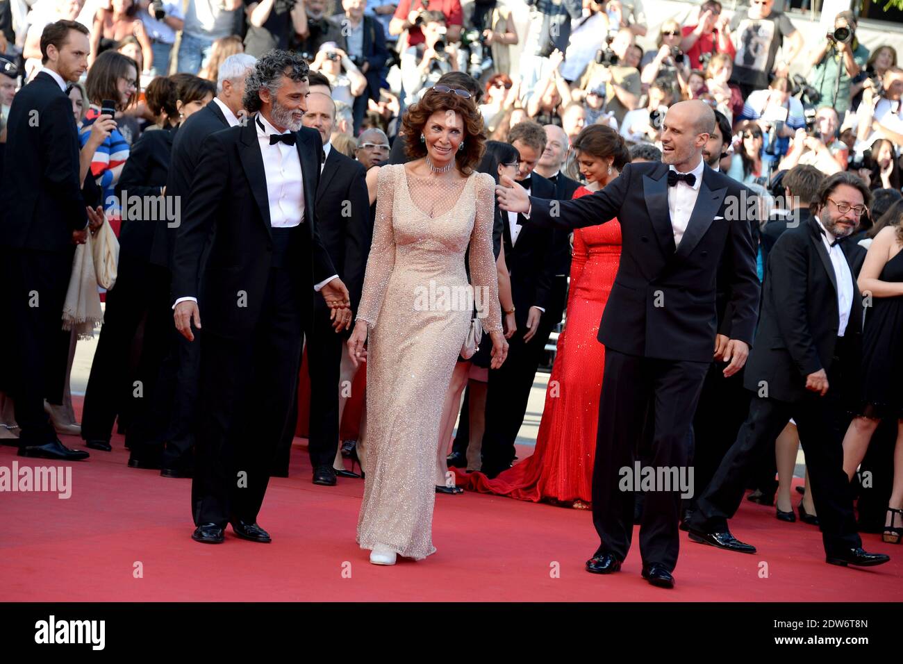 Sophia Loren and her son Edoardo Ponti arriving at the Palais des Festivals  for the screening of the film Deux Jours, Une Nuit as part of the 67th  Cannes Film Festival in