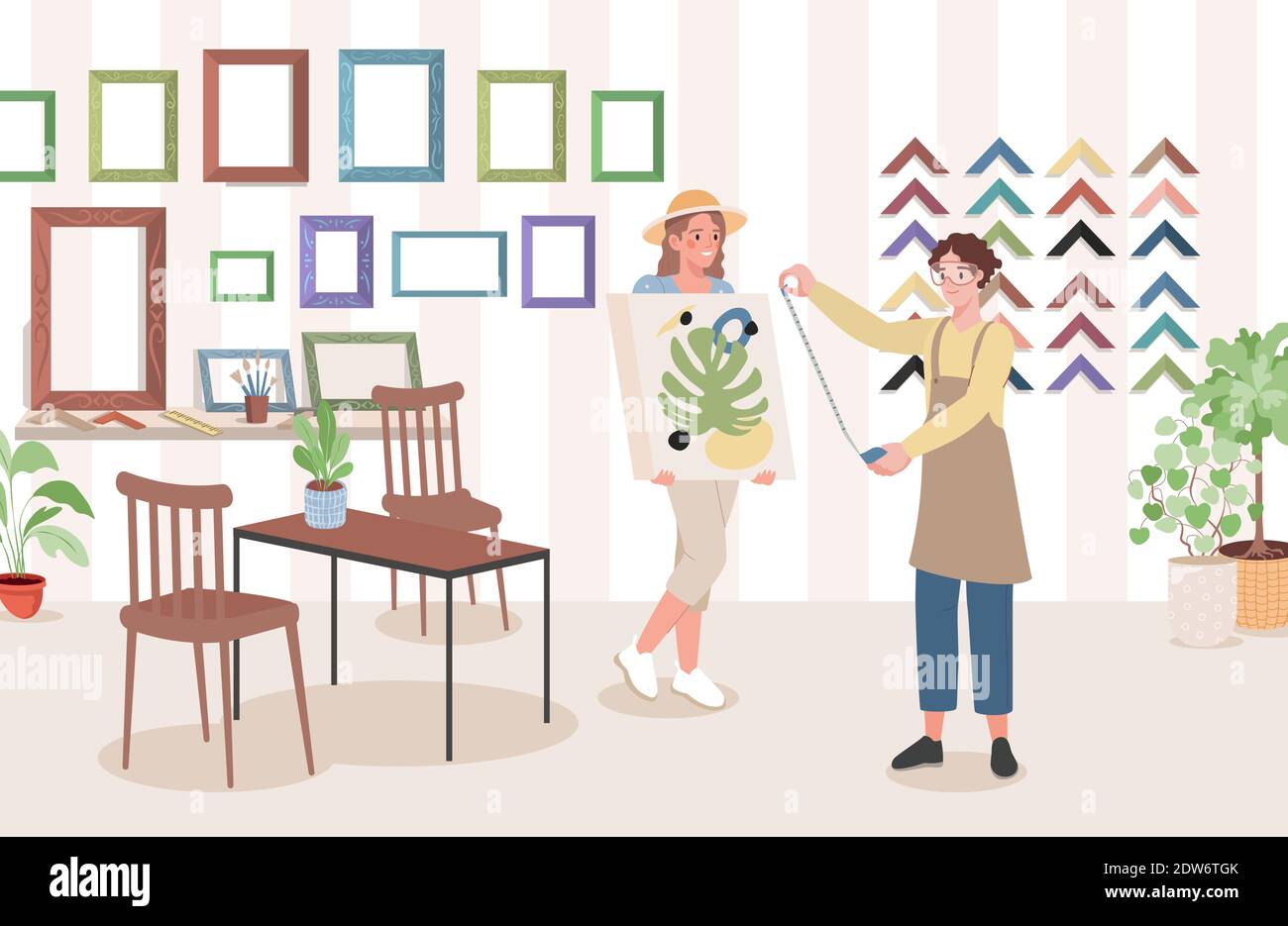 Women choosing frame for abstract painting drawn on canvas in art store vector flat illustration. Picture frame shop interior design with domestic plants in pots, table, chairs and frames. Stock Vector