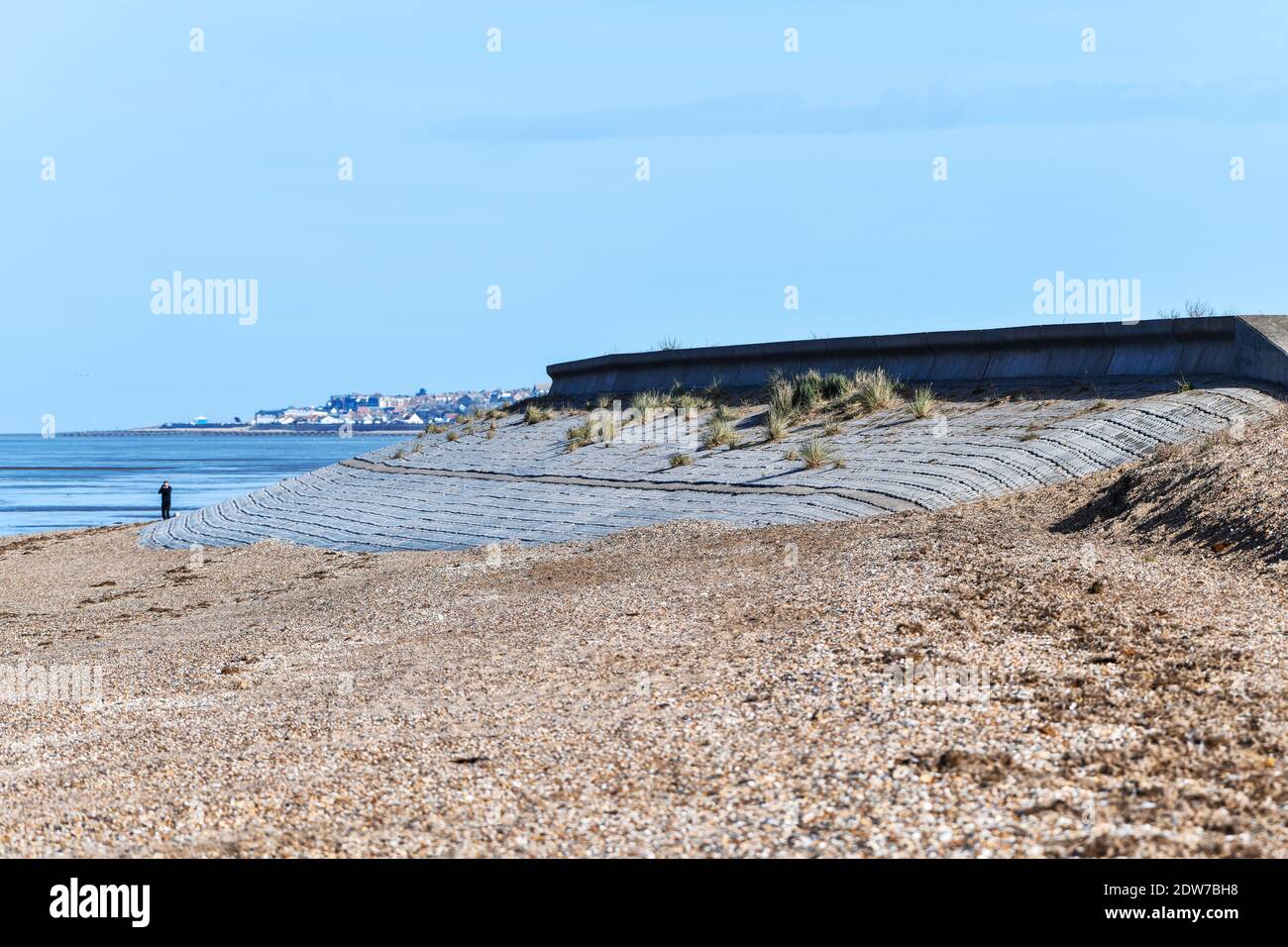 Storm protection barrier at Heacham, Norfolk. Stock Photo