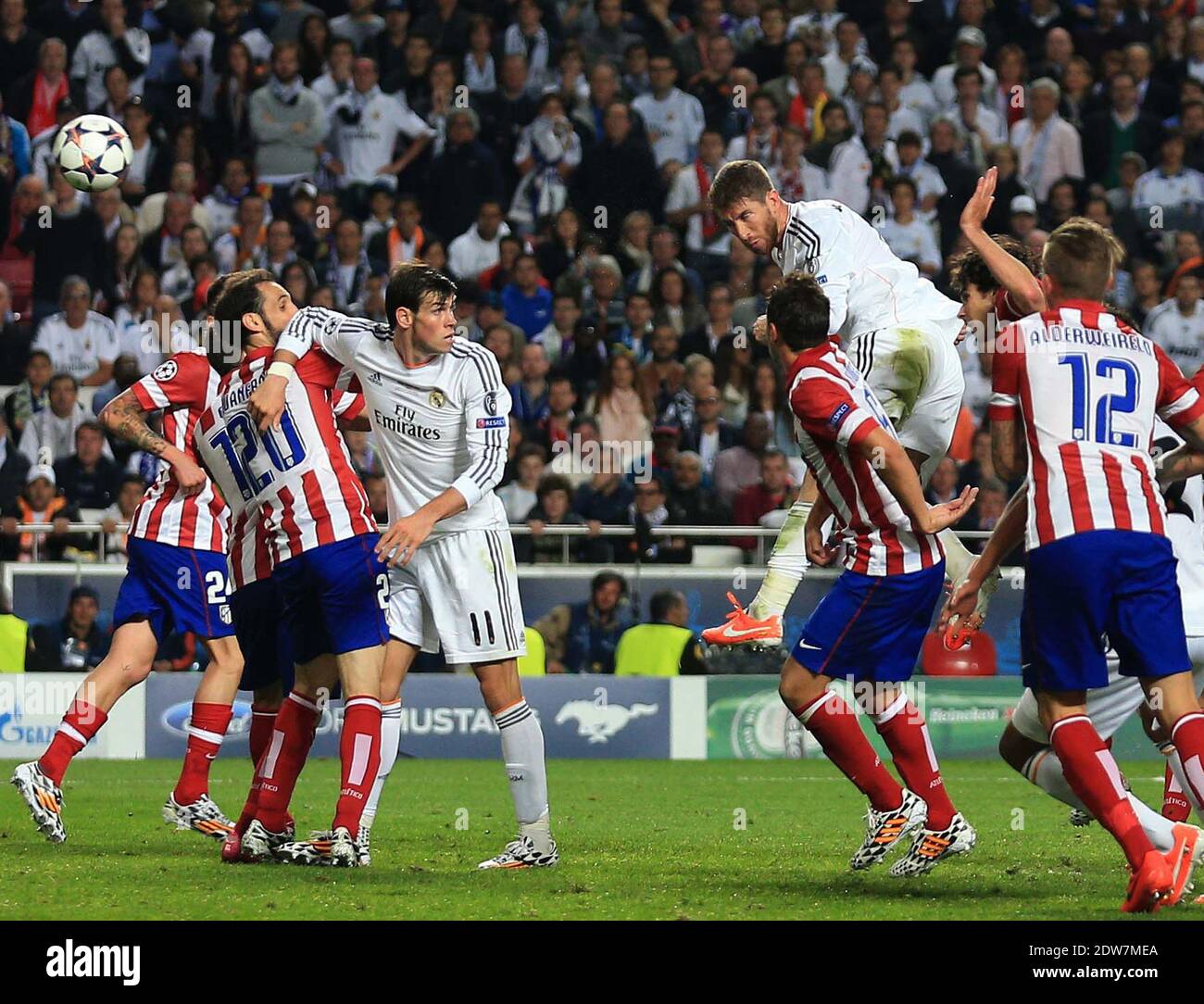 1-1 tying goal by Real Madrid's Sergio Ramos in the 95 minute during the  UEFA Champions League Final soccer match, Real Madrid Vs Atletico Madrid at  Estadio Da Luz in Lisbon, Portugal