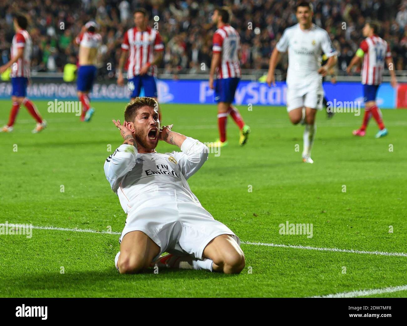 Real Madrid's Sergio Ramos celebrating is 1-1 tying goal in the 95 minute  during the UEFA Champions League Final soccer match, Real Madrid Vs  Atletico Madrid at Estadio Da Luz in Lisbon,