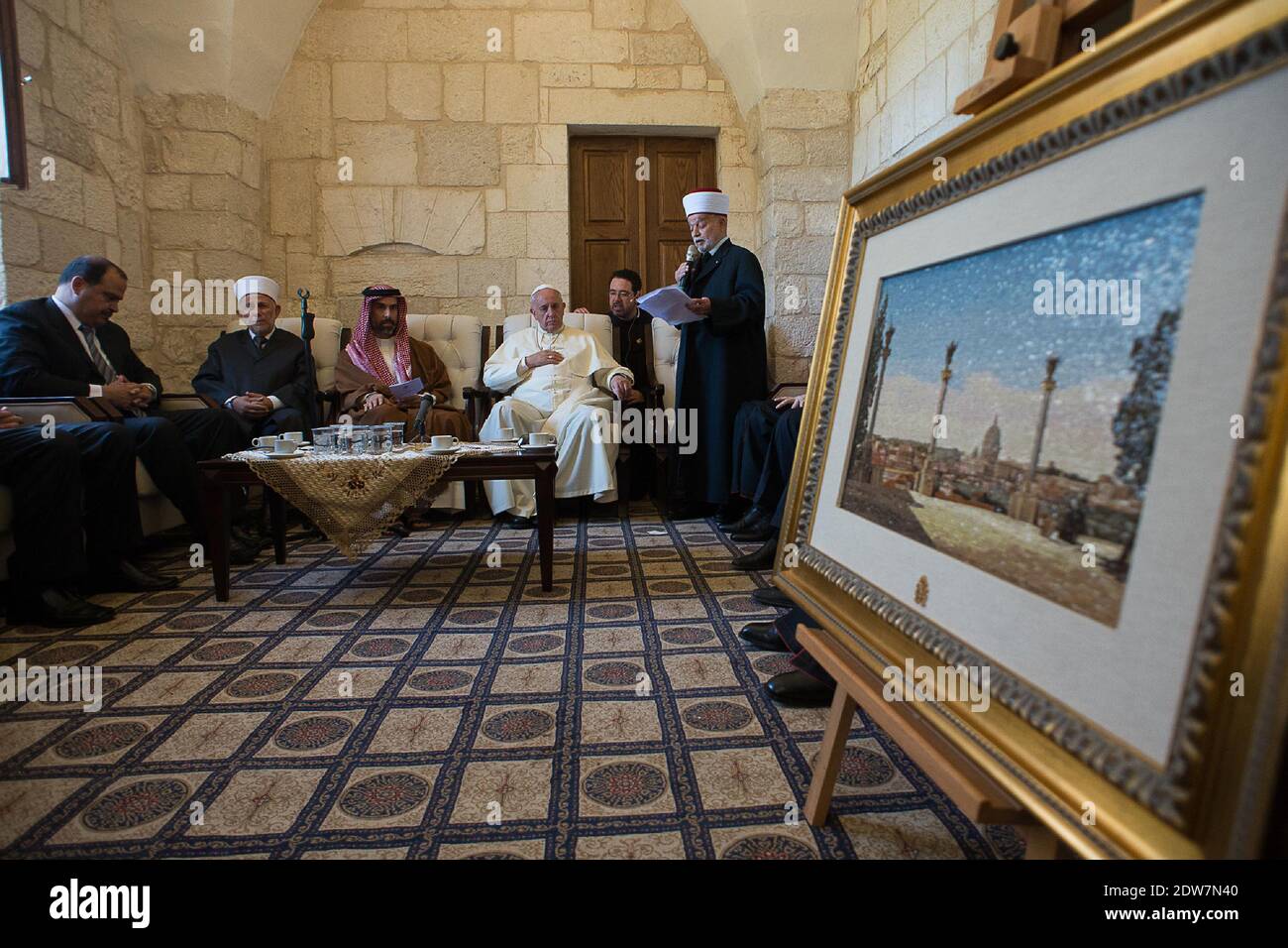 Pope Francis meets with Rabbi Askenazi Yona Metzger and Rabbi Shlomo Amar Holy Land at the Heichal Shlomo Center in Jerusalem, Israel on May 26, 2014. Photo by ABACAPRESS.COM Stock Photo