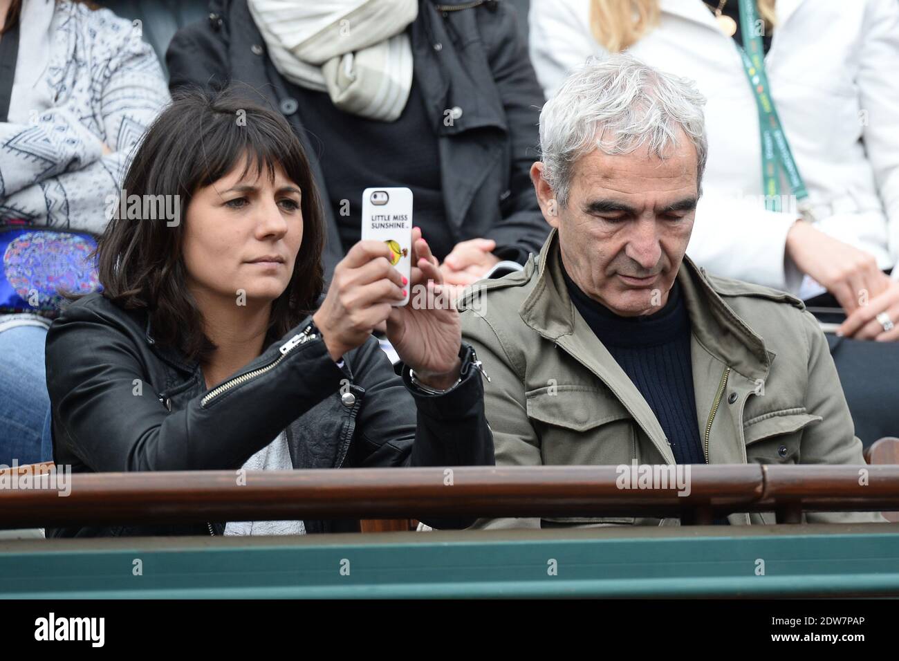 Raymond Domenech and Estelle Denis watch a game during the first round of  the French Tennis Open at Roland-Garros arena in Paris, France on May 27,  2014. Photo by Laurent Zabulon/ABACAPRESS.COM Stock