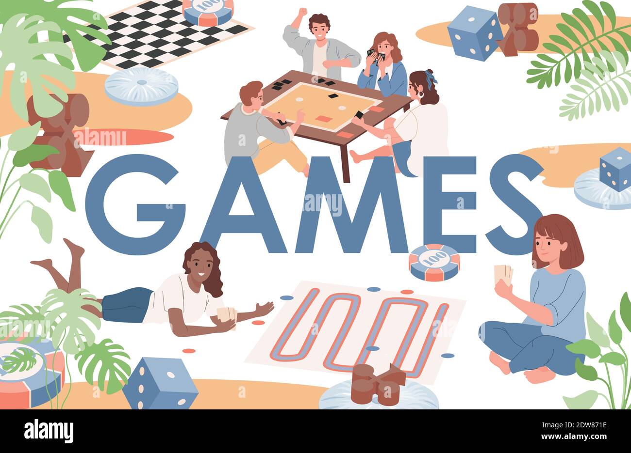 Games vector flat banner template with text space. Happy smiling people in comfort clothes playing board games. Indoor entertainment, group of people, men and women spending time to each other. Stock Vector