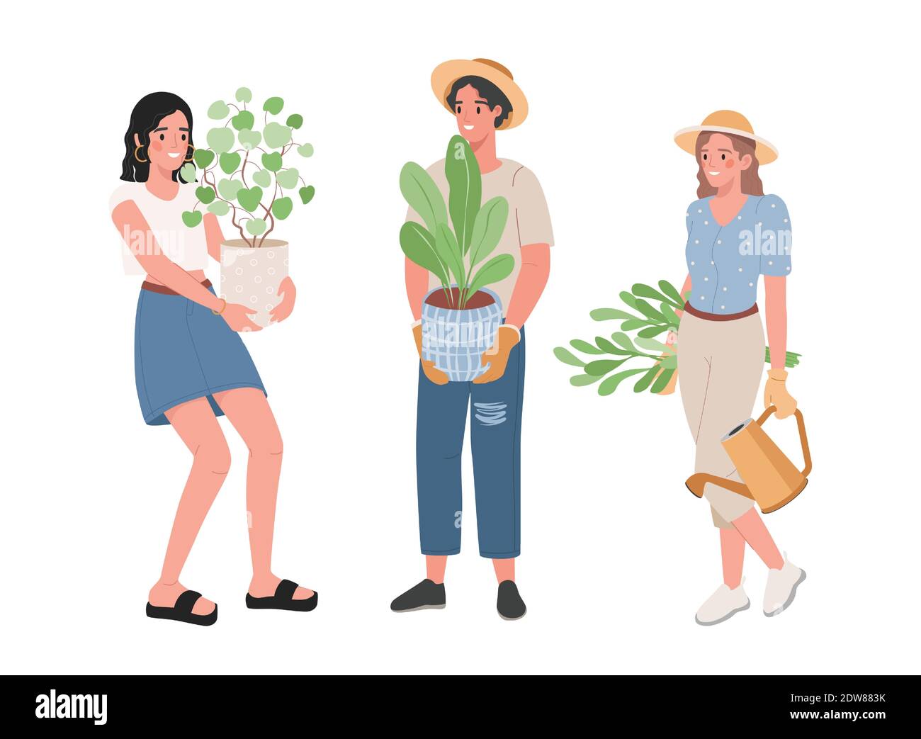 Set of happy smiling people holding pots with green plants vector flat illustration isolated on white background. Man and women with home plants and watering can. Gardening hobby concept. Stock Vector