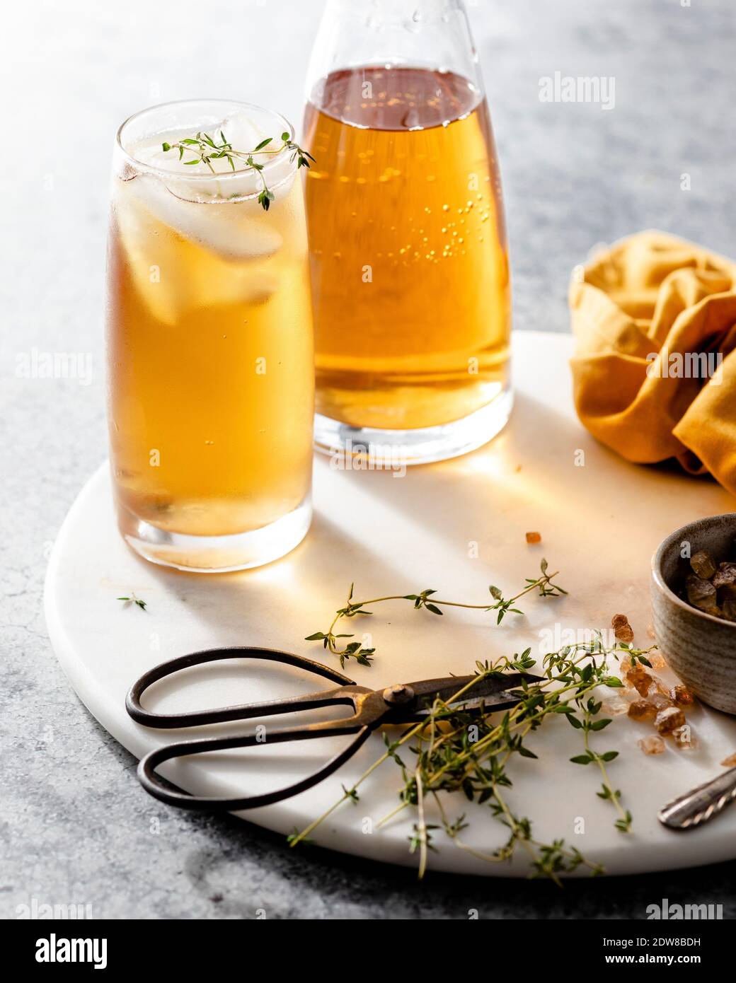 Yellow iced tea with Thyme Stock Photo