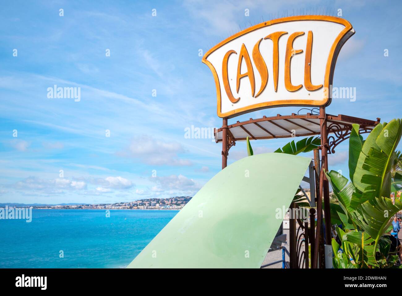 A general view of the Castel Plage resort and beach club sign on the French Riviera in Nice, France. Stock Photo