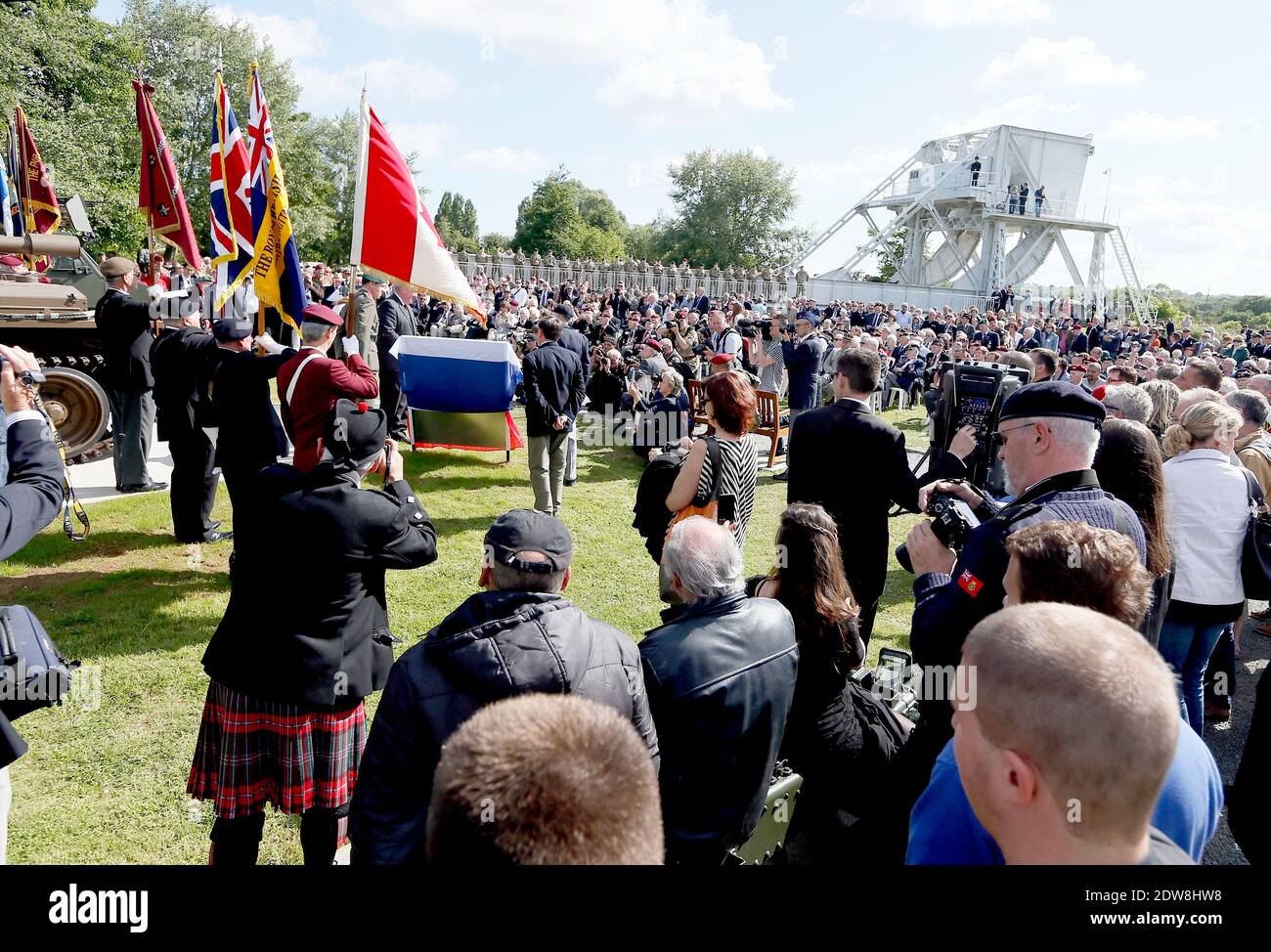 Atmosphere at Pegasus Bridge to lay a wreath at the Glider Pilot Memorial in Benouville as part of the official ceremonies on the occasion of the D-Day 70th Anniversary, on June 5, 2014 in Normandy, France. Photo by Patrick Bernard/ ABACAPRESS.COM Stock Photo