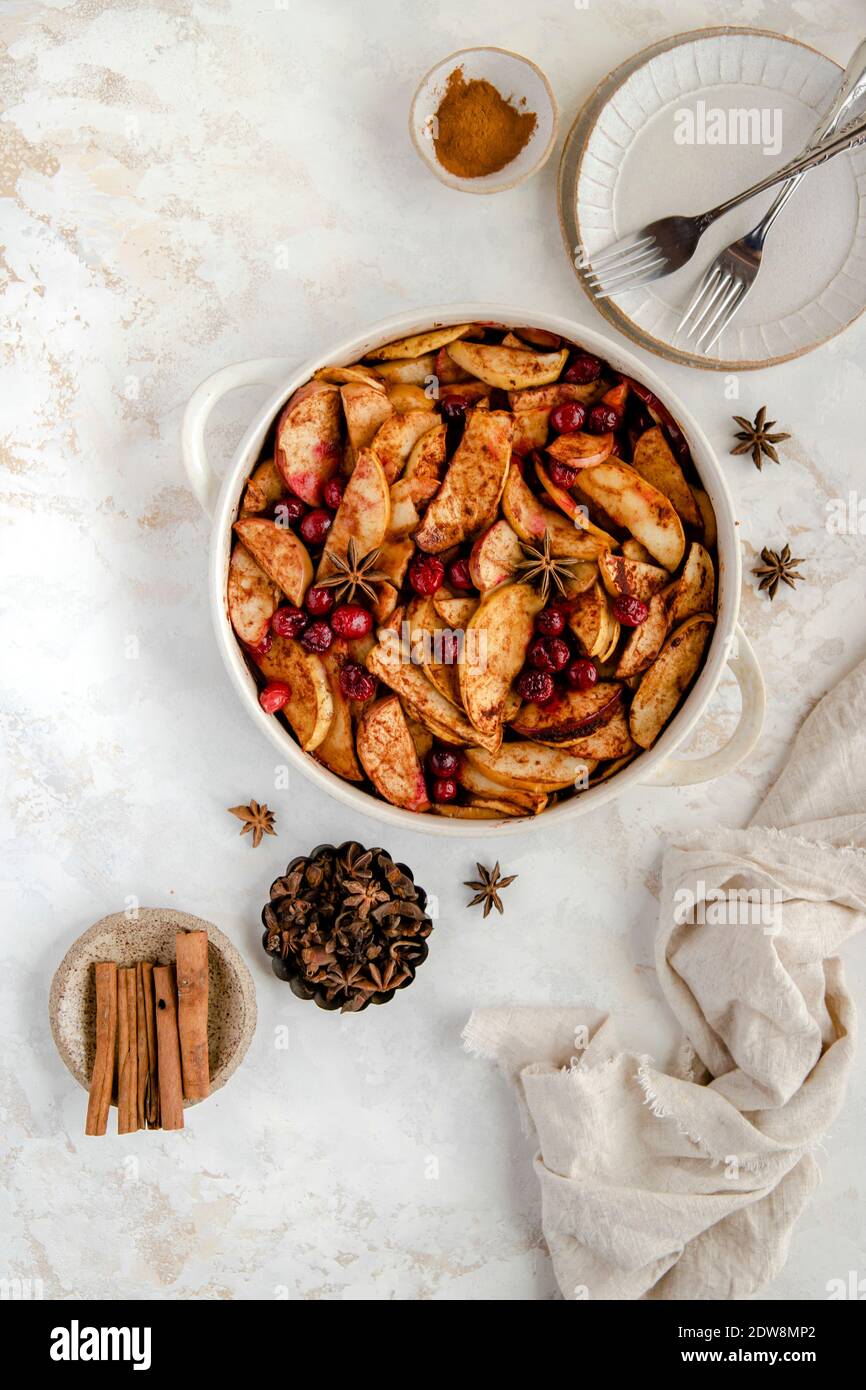 Baked apple and cranberry dessert. Stock Photo