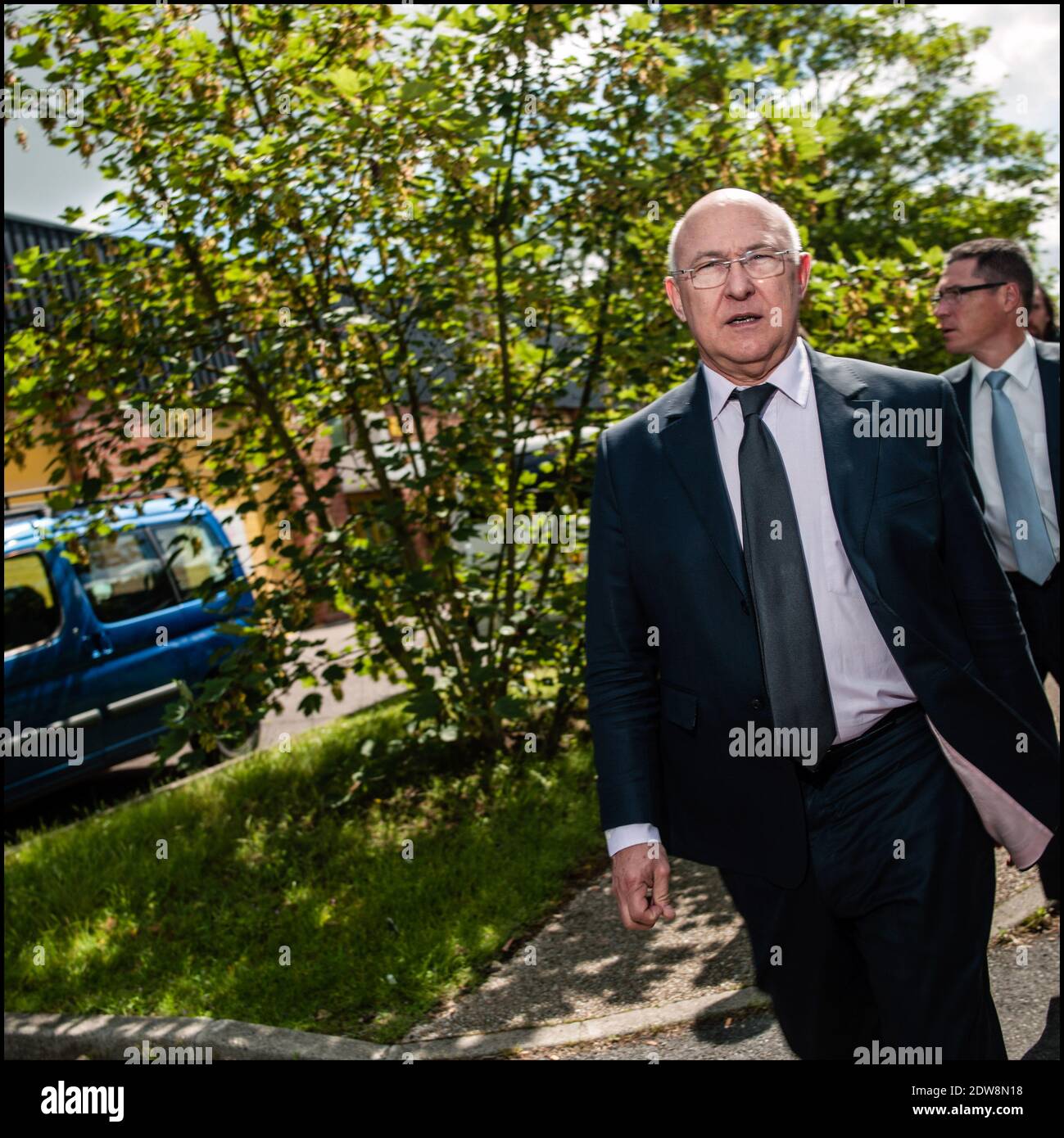 Michel Sapin, flanked by CERPI CEO Louis Ristic , visits CERPI, (company specializing in the manufacture of parts for the aeronautical) in Saint-Ouen-L'Aumone, France on June 5, 2014. Photo by Renaud Khanh/ABACAPRESS.COM Stock Photo