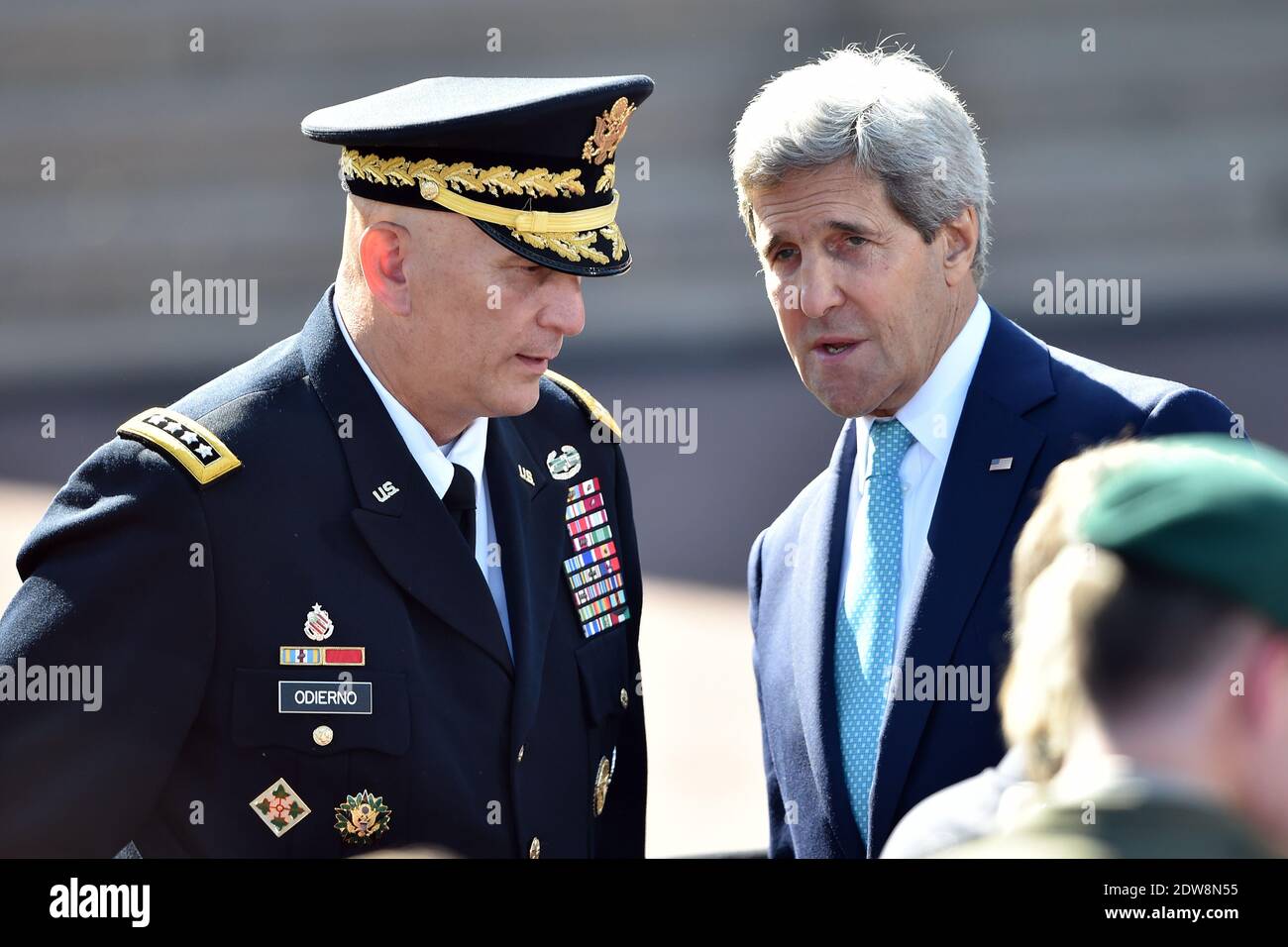 U.S. Secretary of State John Kerry attends the bi-national France-USA ceremony at the American cemetery in Colleville, as part of the official ceremonies on the occasion of the D-Day 70th Anniversary, on June 6, 2014 in Normandy, France. Photo by Abd Rabbo-Bernard-Gouhier-Mousse/ABACAPRESS.COM Stock Photo