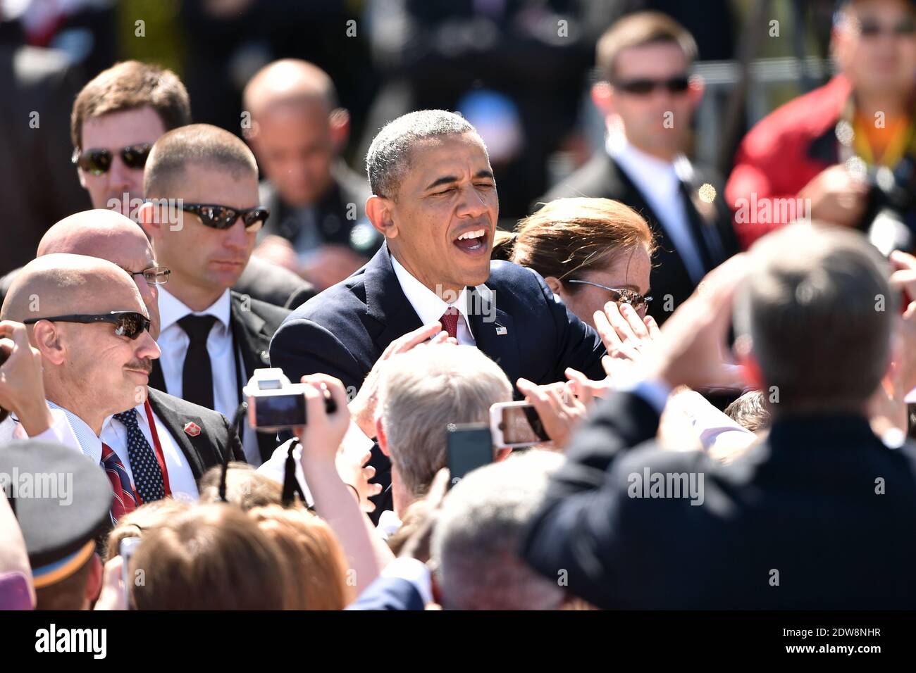 US President Barack Obama attends the bi-national France-USA ceremony at the American cemetery in Colleville, as part of the official ceremonies on the occasion of the D-Day 70th Anniversary, on June 6, 2014 in Normandy, France. Photo by Abd Rabbo-Bernard-Gouhier-Mousse/ABACAPRESS.COM Stock Photo