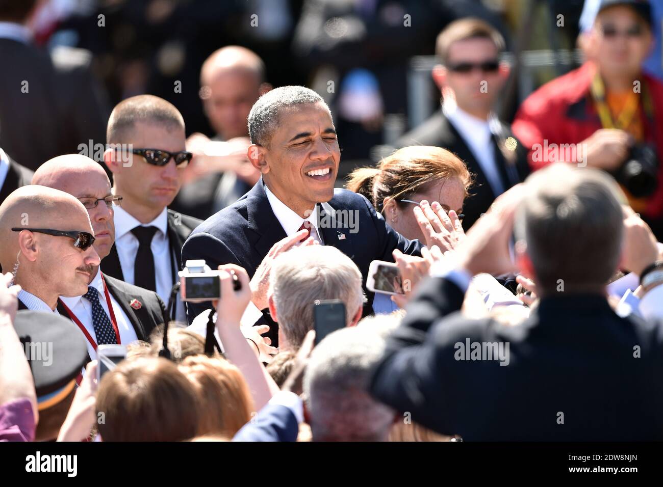 US President Barack Obama attends the bi-national France-USA ceremony at the American cemetery in Colleville, as part of the official ceremonies on the occasion of the D-Day 70th Anniversary, on June 6, 2014 in Normandy, France. Photo by Abd Rabbo-Bernard-Gouhier-Mousse/ABACAPRESS.COM Stock Photo