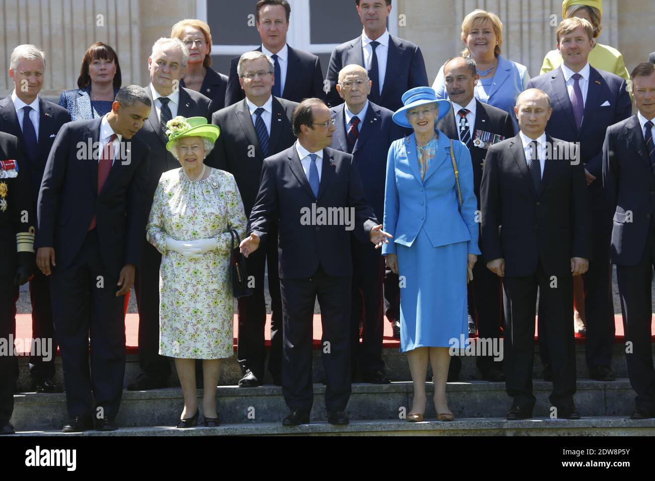 US President Barack Obama participates in a group photo of world leaders attending the D-Day 70th Anniversary ceremonies at Chateau de Benouville in Benouville, France, June 6, 2014. The D-Day ceremonies mark the 70th anniversary of the launching of 'Operation Overlord', a vast military operation by Allied forces in Normandy, which turned the tide of World War II, eventually leading to the liberation of occupied France and the end of the war against Nazi Germany. Photo by Denis Allard/Pool/ABACAPRESS.COM Stock Photo