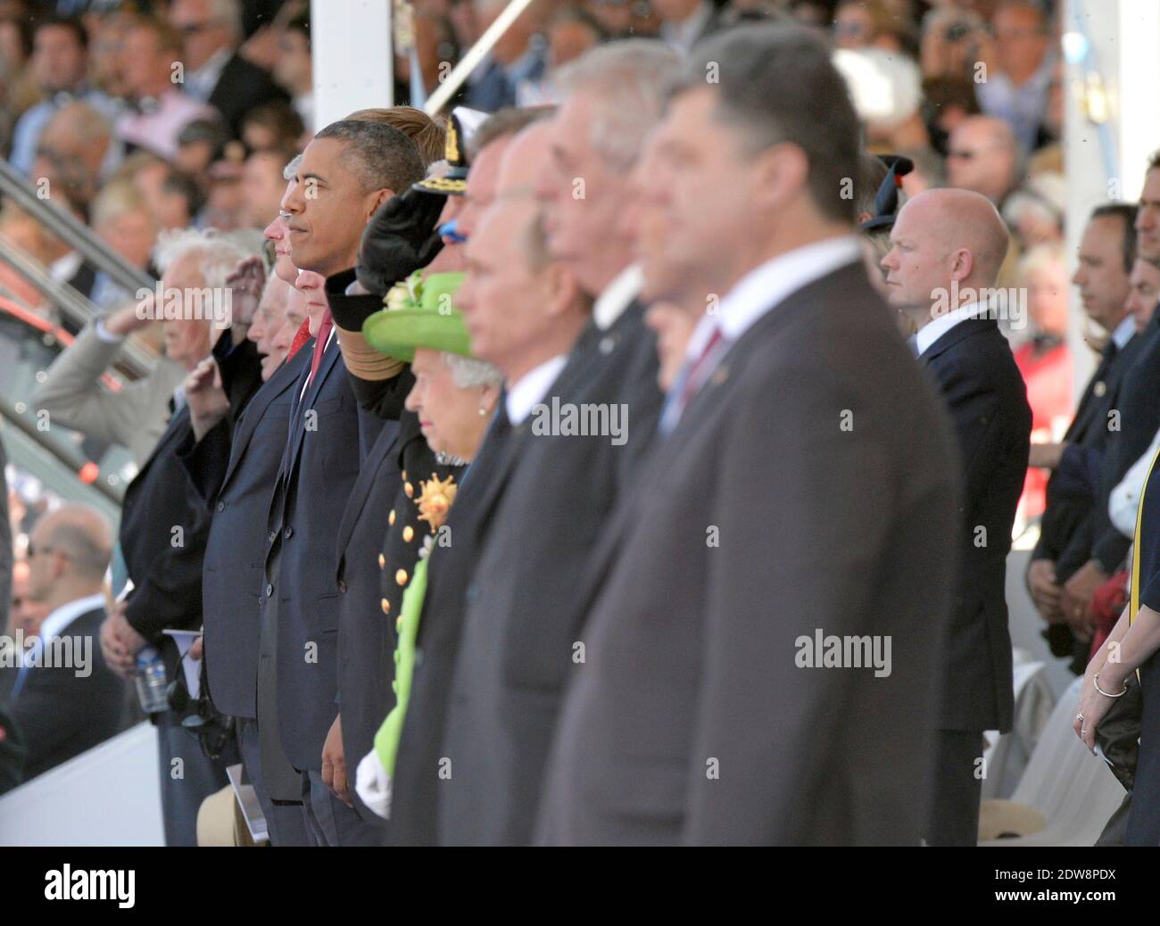 L-R : President of the United States of America, Barack Obama attends the International Ceremony at Sword Beach in Ouistreham, as part of the official ceremonies on the occasion of the D-Day 70th Anniversary, on June 6, 2014 in Normandy, France. Photo by Abd Rabbo-Bernard-Gouhier-Mousse/ABACAPRESS.COM Stock Photo