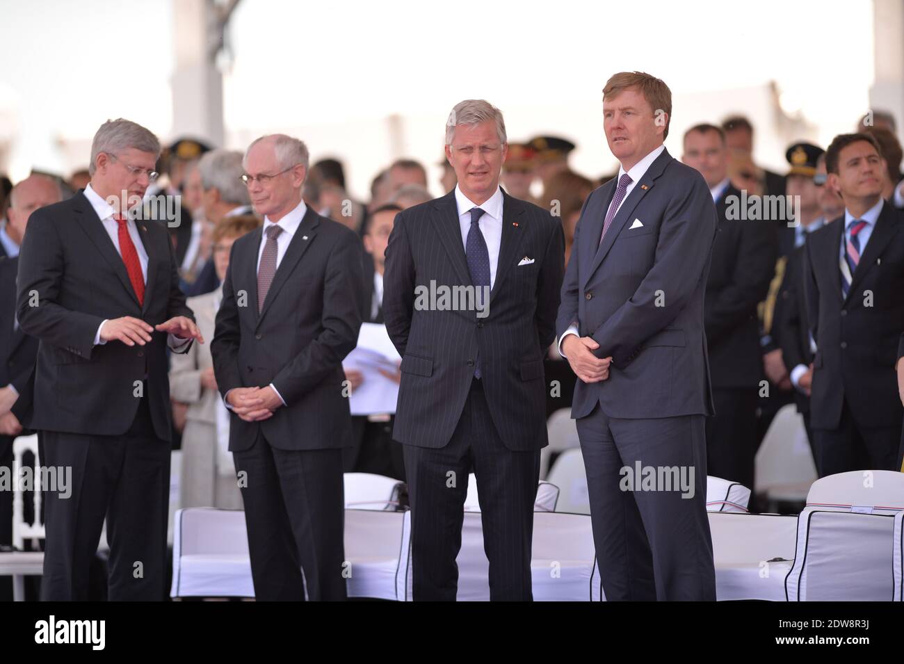 King Philippe of Belgium, King Willem-Alexander of the Netherlands attend the International Ceremony at Sword Beach in Ouistreham, as part of the official ceremonies on the occasion of the D-Day 70th Anniversary, on June 6, 2014 in Normandy, France. Photo by Abd Rabbo-Bernard-Gouhier-Mousse/ABACAPRESS.COM Stock Photo