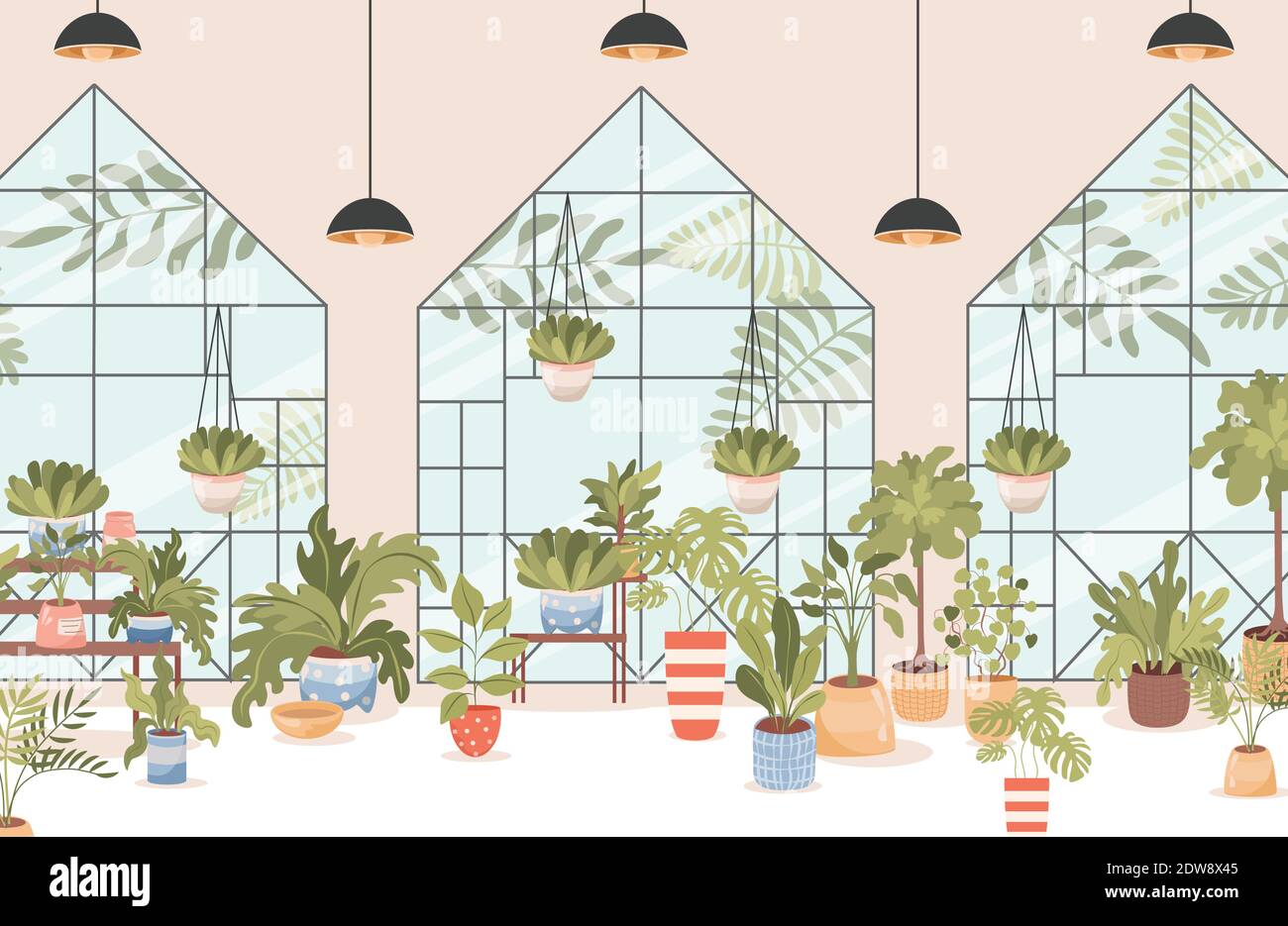 Flower shop vector flat interior design with big windows. Different home and outdoor plants and trees on shelves and stands. Agriculture gardener hobby, garden shop illustration. Stock Vector