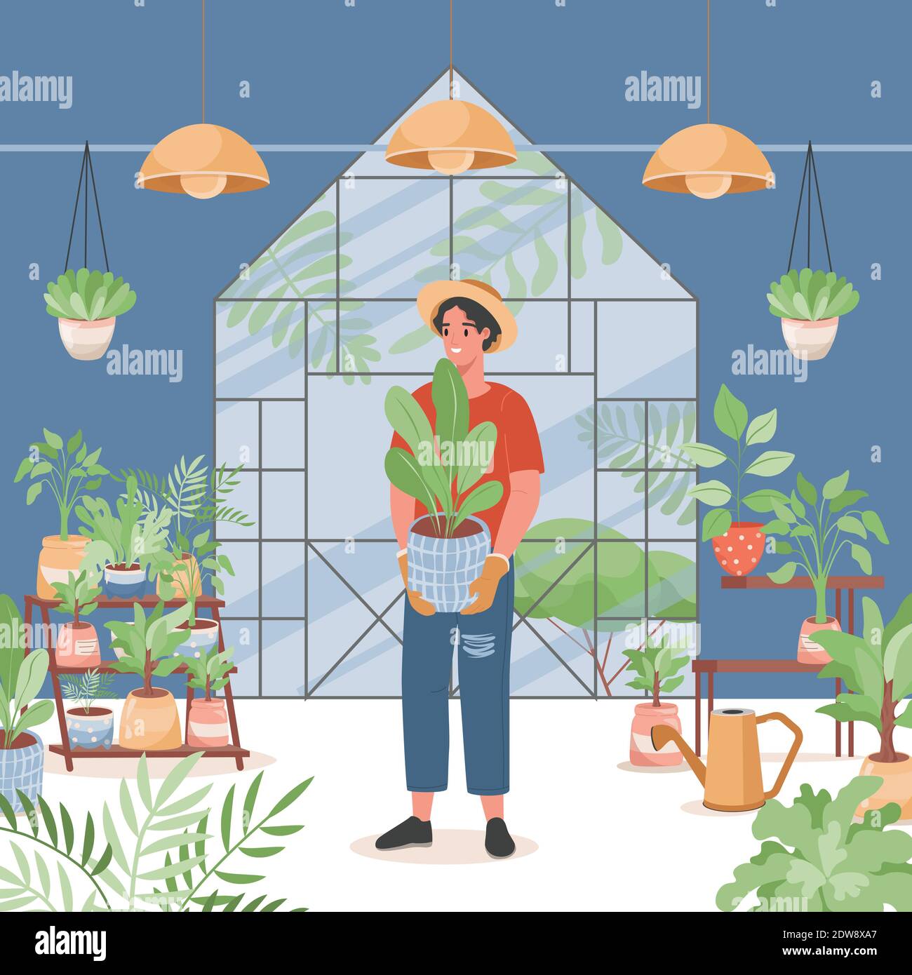 Flower shop interior vector flat design. Happy smiling man in casual clothes holding pot and selling plants. Shelves with green home plants, watering can. Agriculture gardener hobby, garden shop. Stock Vector