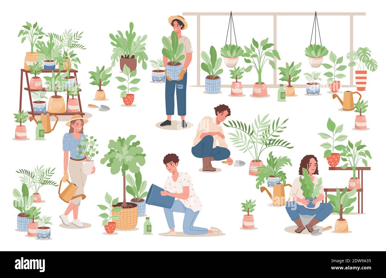 Group of happy young people taking care of home plants vector flat illustration. Men and women in casual clothes watering flowers, growing plants in pots. Agriculture gardener hobby concept. Stock Vector