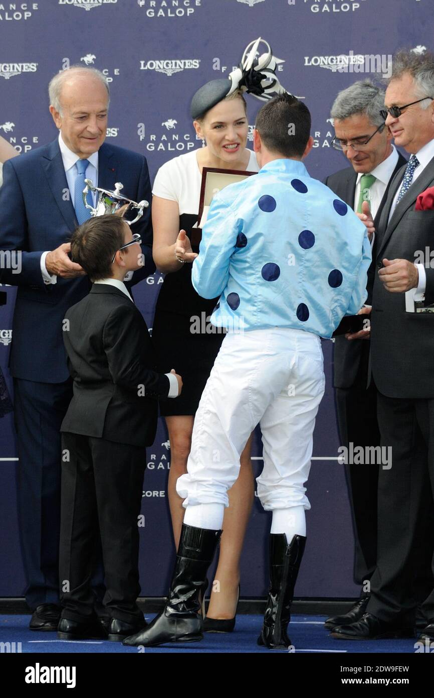 Kate Winslet and winner Gregory Benoist attending the 'Prix de Diane Longines 2014' at Hippodrome de Chantilly in Chantilly, France on June 15, 2014. Photo by Alban Wyters/ABACAPRESS.COM Stock Photo