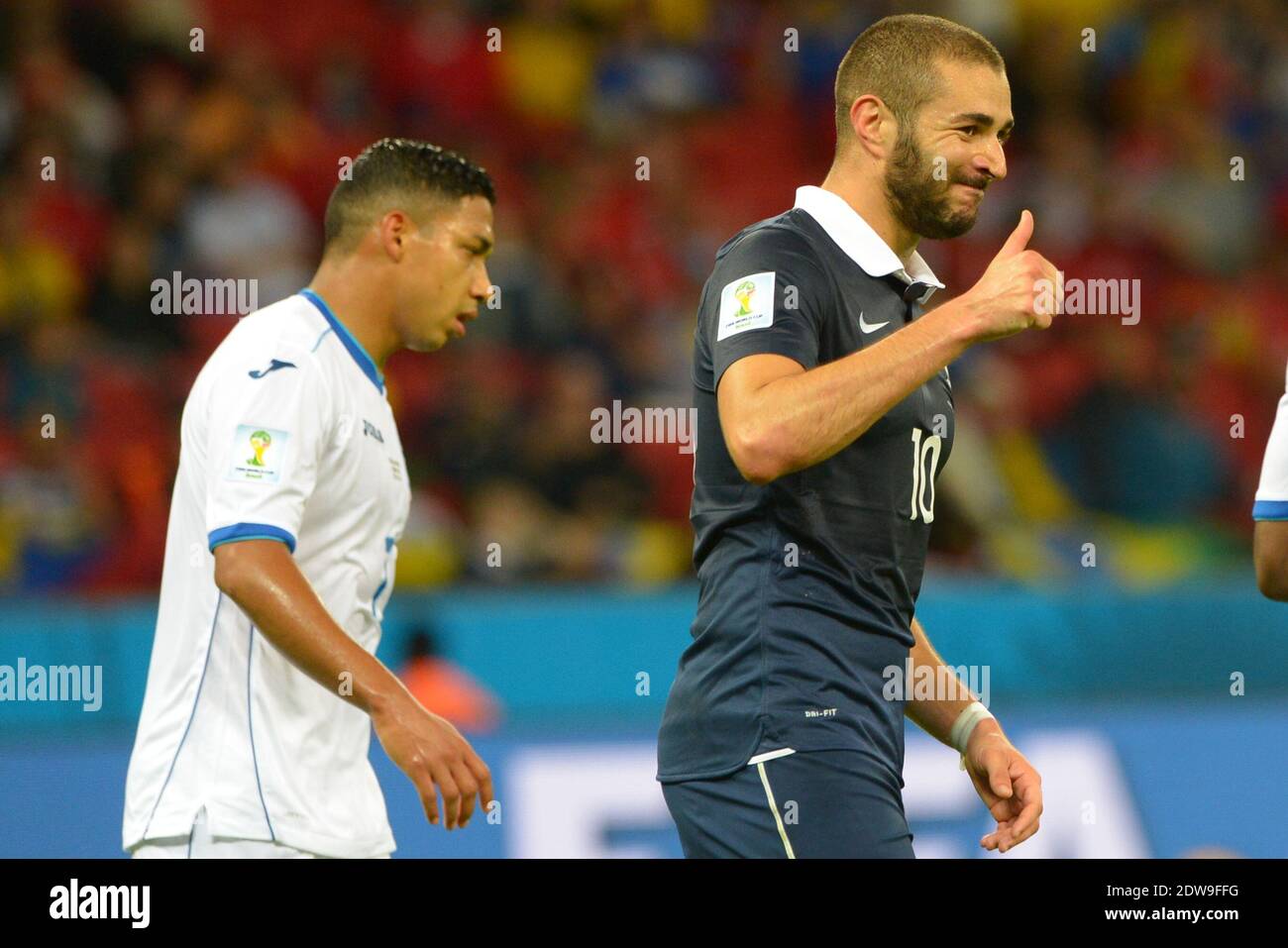 Goal-line technology was used for the first time in a World Cup match to decide if the ball had crossed the line during France's Group E clash with Honduras on Sunday. A shot from France forward Karim Benzema cannoned off the post and back across the face of goal before Honduran goalkeeper Noel Valladares inadvertently pushed it towards his own net. Despite his desperate efforts to scramble the ball clear, the referee awarded the goal with the aid of technology provided by German company GoalControl to put France 2-0 ahead. File Photo : Karim Benzema at Group E match between France v Honduras Stock Photo