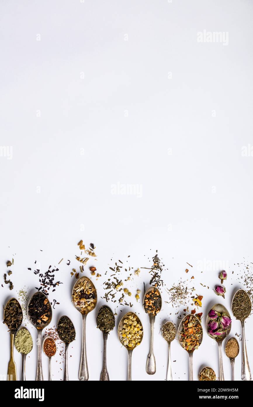 Assortment of dry tea in vintage spoons. Tea types backgound, flat lay, space for your text or logo Stock Photo