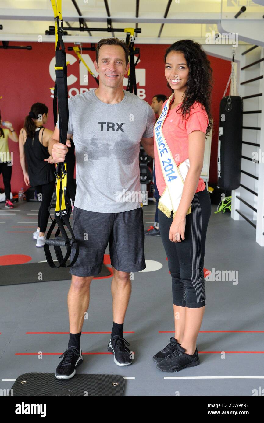 Miss France 2014, Flora Coquerel is trying TRX suspension training program  , new sport invented by ex Navy SEAL Randy Hetrick, at CMG Sports Club Waou  Bercy in Paris, France on June