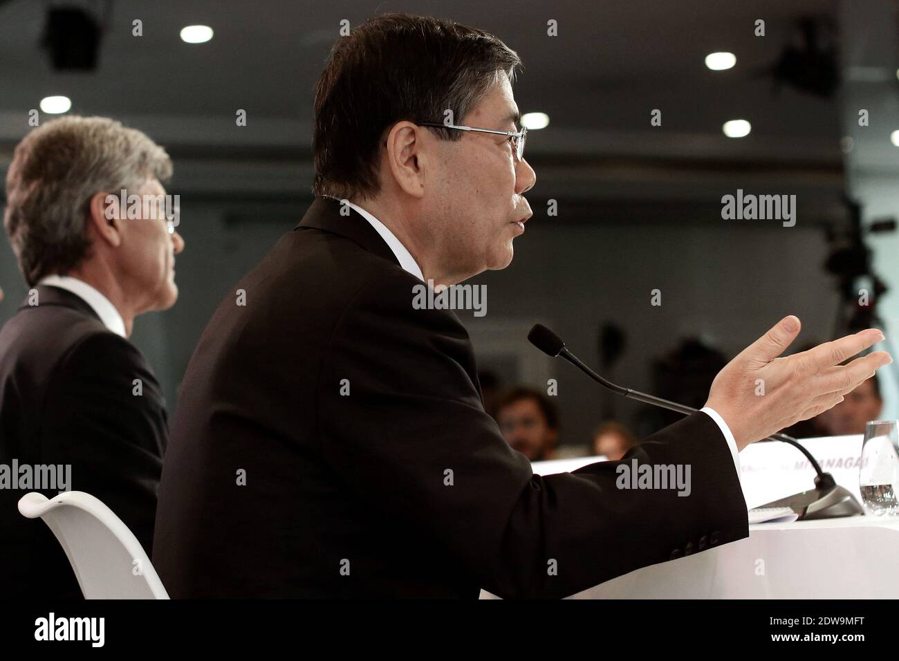 Siemens CEO Joe Kaeser and Mitsubishi Heavy Industries CEO Shunichi Miyanaga give a press conference in Paris on June 17, 2014 to present their proposal for Alstom. Photo by Stephane Lemouton/ABACAPRESS.COM Stock Photo