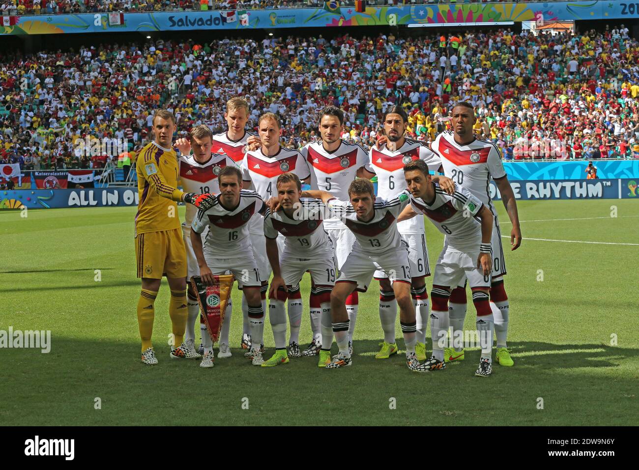 Team Of Germany Standing From Left: Neuer, Kroos, Mertesacker, Hoewedes, Hummel, Khedira, Boateng Down From Left: Lahm, Goetze, Mueller, Oezil during the FIFA World Cup Brazil 2014 Match Germany vs Portugal in Salvador de Baia, Brazil on June 16, 2014. Photo by Giuliano Bevilacqua/ABACAPRESS.COM Stock Photo