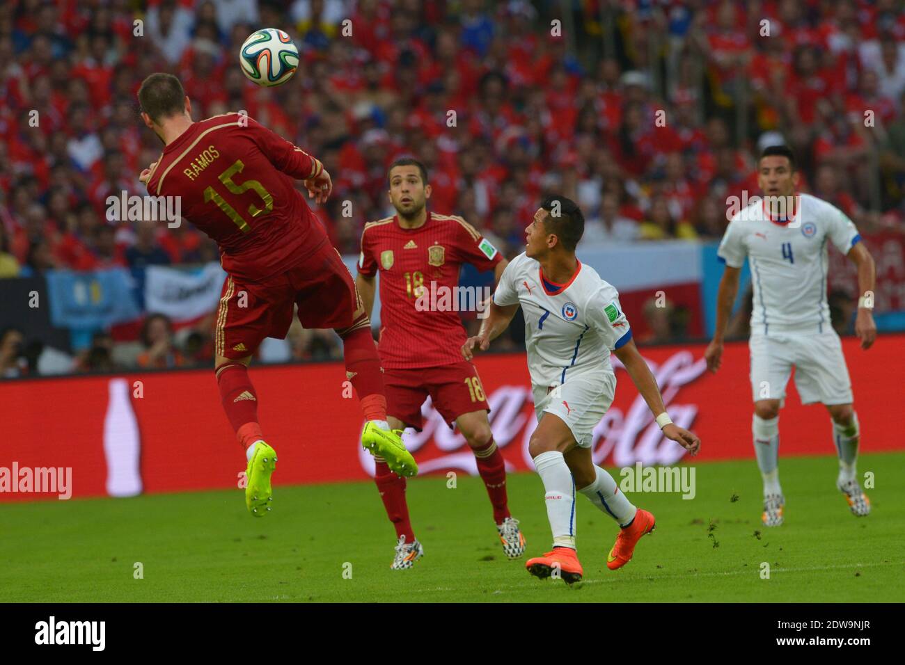 Spain's Sergio Ramos battling Chile's Alexis Sanchez during Soccer World Cup 2014 First round Group B match Spain v Chile at Maracana Stadium, Rio de Janeiro, Brazil , on June 18, 2014. Chile won 2-0 and ousted the defending champions from the competition. Photo by Henri Szwarc/ABACAPRESS.COM Stock Photo