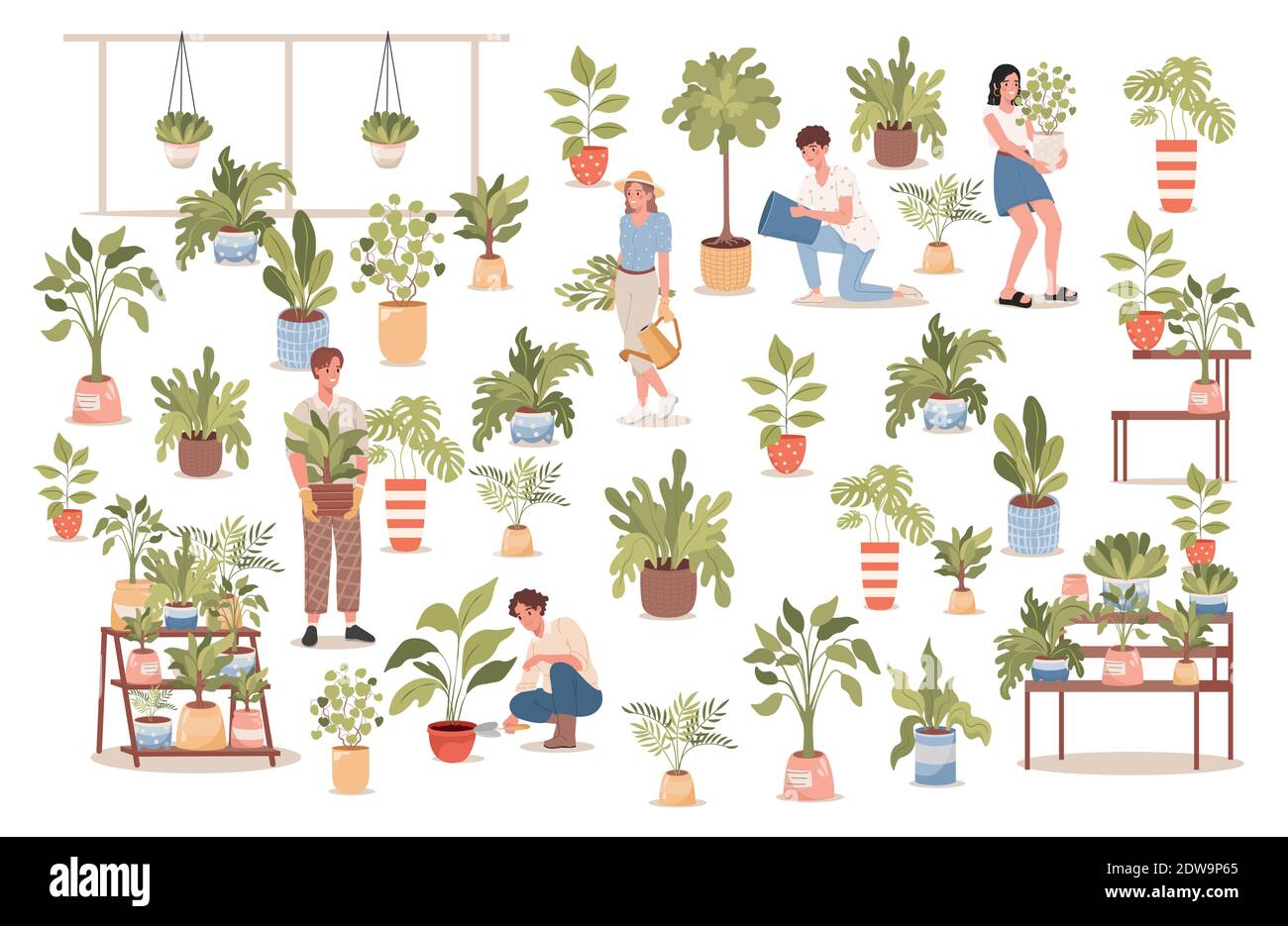 Group of happy smiling people in comfortable clothes in flower shop vector flat illustration. Men and women taking care of plants, watering, planting flowers. Agriculture gardener hobby concept. Stock Vector