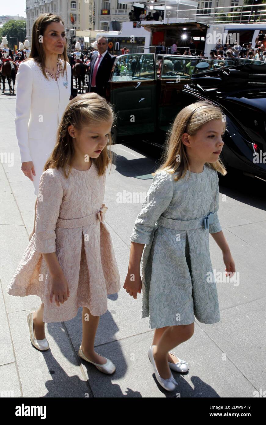 King Felipe VI of Spain, Queen Letizia of Spain, Princess Sofia and  Princess Leonor at the Congress during the Kings first speech to make his  proclamation as King of Spain to the Spanish Parliament on June 19, 2014 in  Madrid, Spain. The coronation of