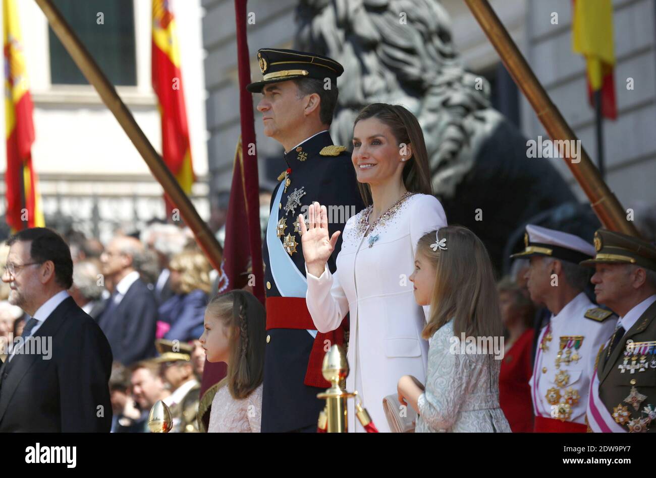 King Felipe VI of Spain, Queen Letizia of Spain, Princess Sofia and  Princess Leonor at the Congress during the Kings first speech to make his  proclamation as King of Spain to the