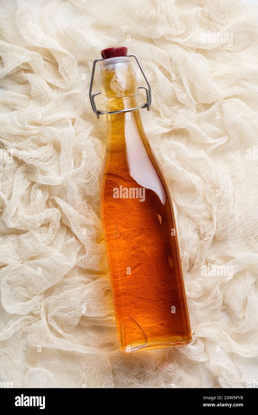 Fermented homemade drink (kombucha, apple cider vinegar), flat lay