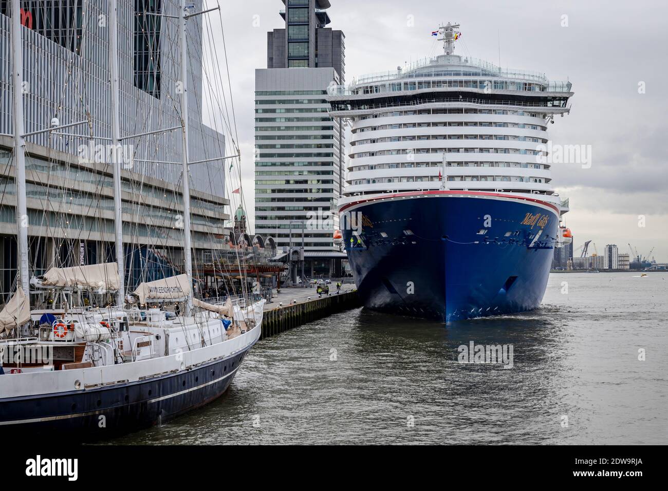 Front view of the bow of the new LNG powered cruise vessel for Carnival Lines, called Mardi Gras during a technical call in the port of Rotterdam, the Stock Photo