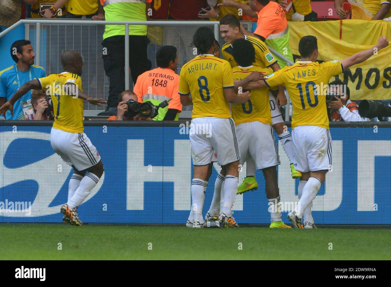 Colombia's Juan Fernando Quintero joy after scoring the 2-0 goal during soccer World Cup 2014 First round Group D match Colombia v Ivory Coast at National Stadium, Brasilia, Brazil , on June 19, 2014. Colombia won 2-1. Photo by Henri Szwarc/ABACAPRESS.COM Stock Photo