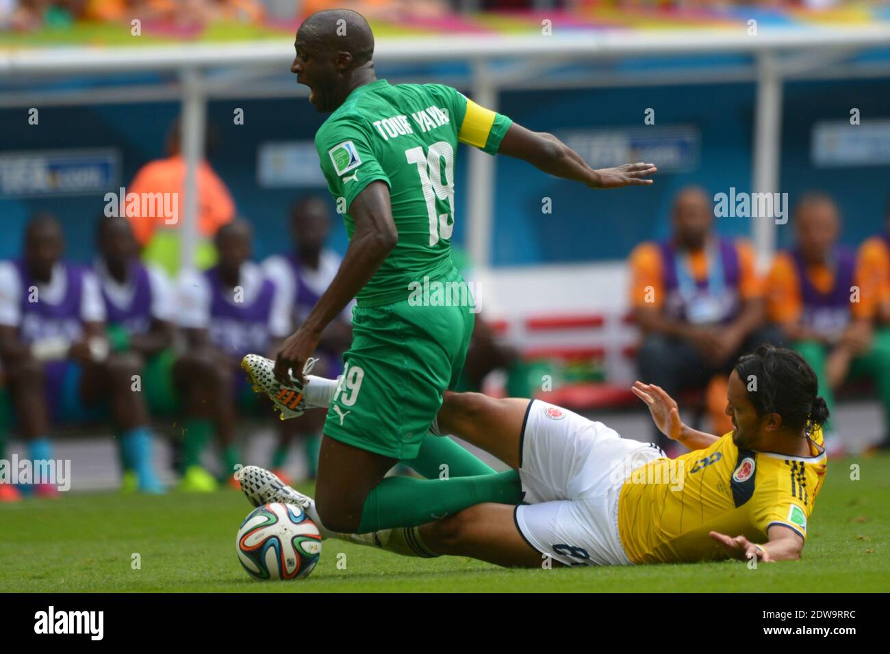 Colombia's Abel Aguilar battling Ivory Coast's Yaya Toure during soccer World Cup 2014 First round Group D match Colombia v Ivory Coast at National Stadium, Brasilia, Brazil , on June 19, 2014. Colombia won 2-1. Photo by Henri Szwarc/ABACAPRESS.COM Stock Photo