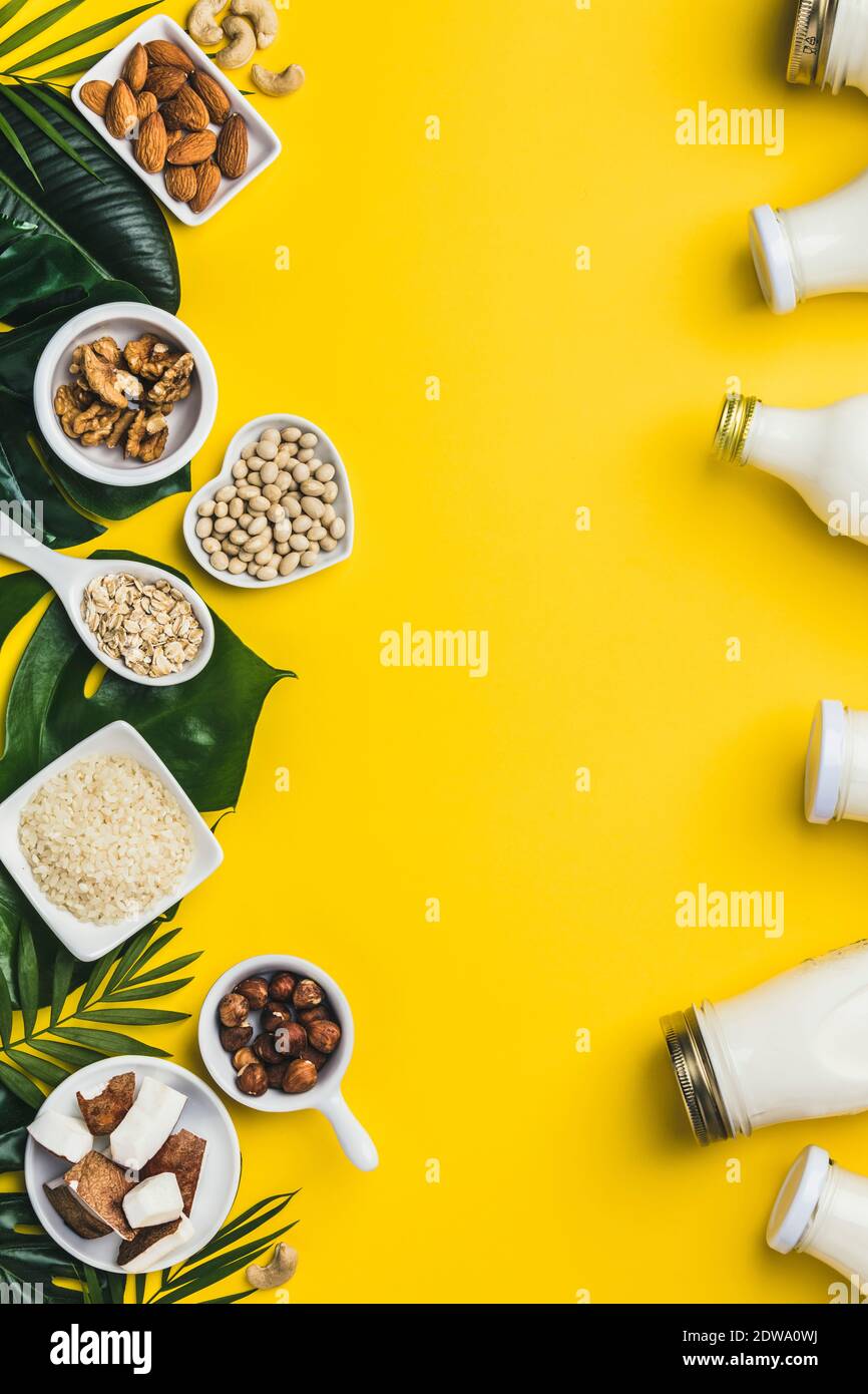 Dairy free milk substitute drinks and ingredients on yellow background