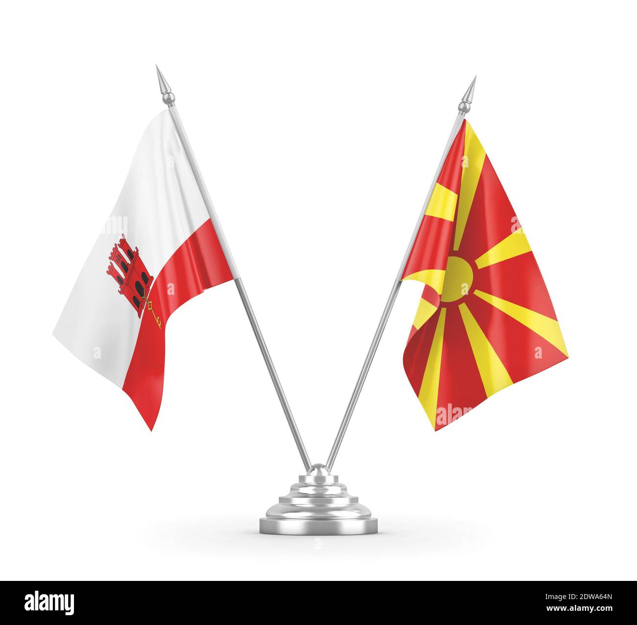 North Macedonia and Gibraltar table flags isolated on white 3D