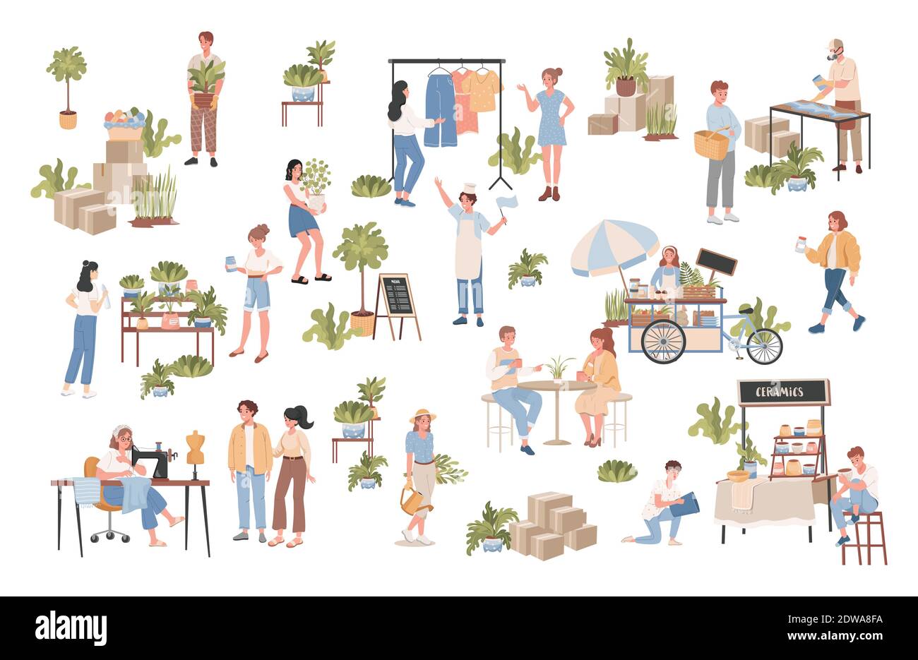 Group of happy smiling people taking care of plants, sewing clothes on sewing machine, selling street food or coffee, buying ceramic pots. Green plants, flowers and trees in pots standing on shelves. Stock Vector
