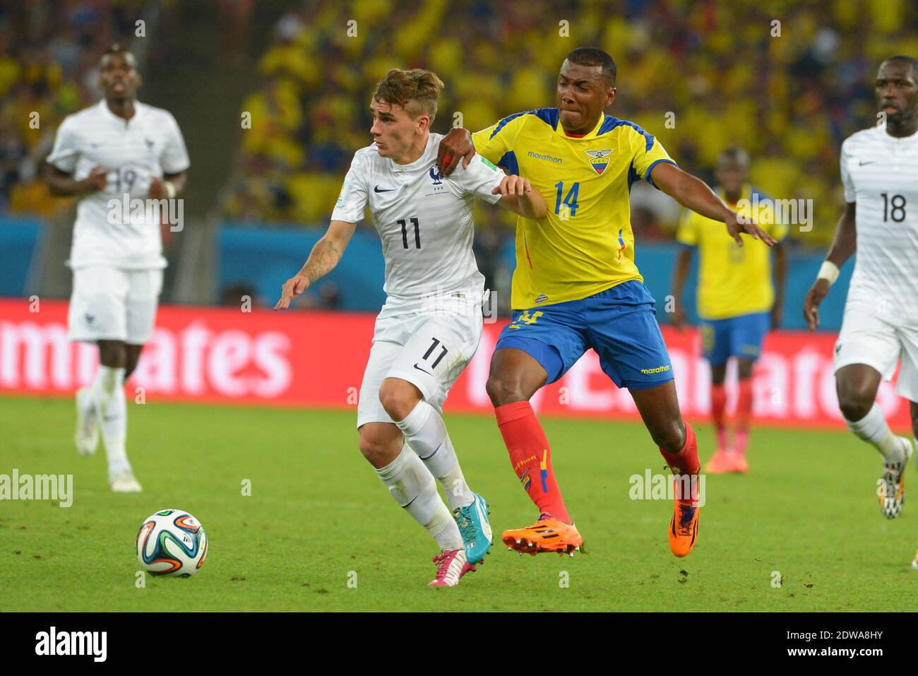 France's Antoine Griezmann battling Ecuador's Segundo Castillo during Soccer World Cup First round Group E match France v Ecuador at Maracana Stadium, Rio de Janeiro, Brazil, on June 25, 2014. The game ended in a 0-0 draw. Photo by Henri Szwarc/ABACAPRESS.COM Stock Photo