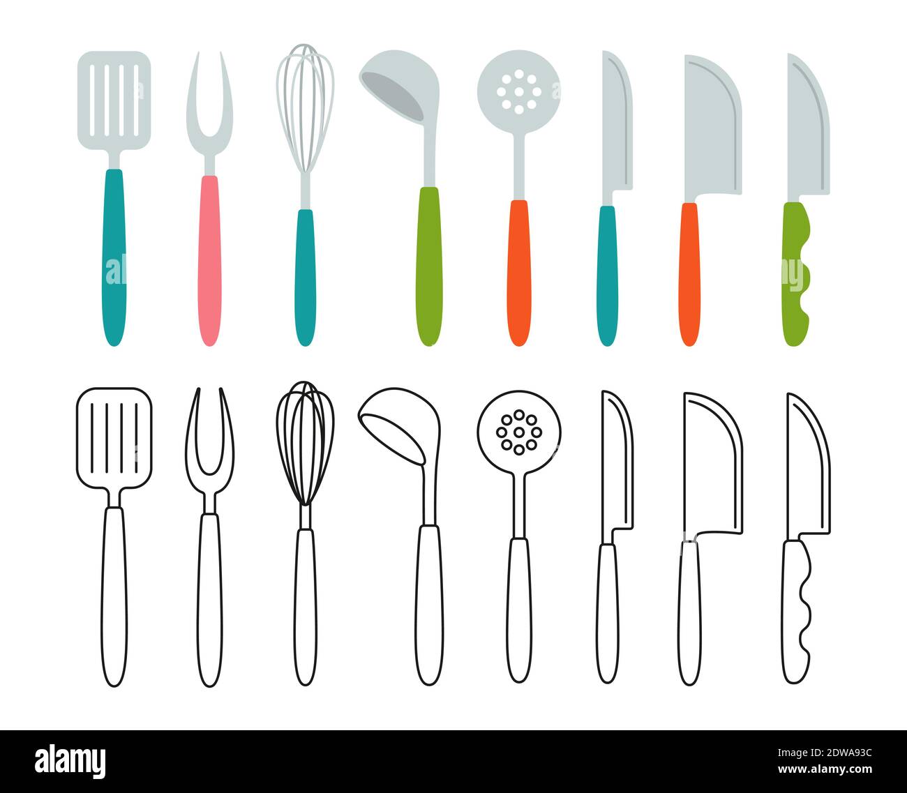 Kitchen tools fork whisk, spoon utensils cartoon set. Modern kitchen tool  flat cooking dishes, equipments. Hand drawn utensils collection icon.  Corolla, scoop, meat knife spatula. Vector illustration Stock Vector Image  & Art -