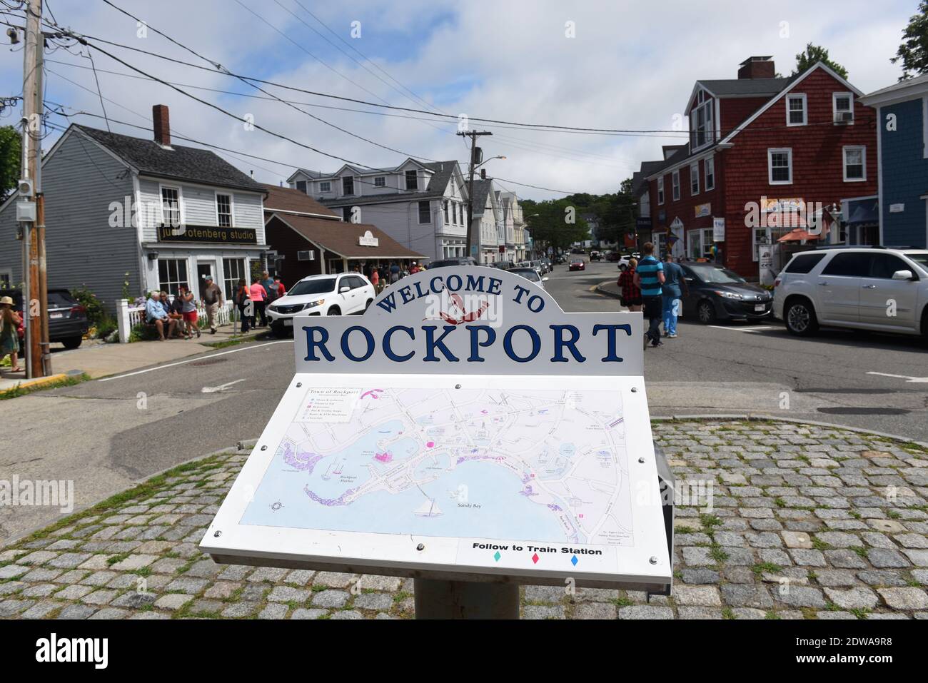 Welcome to Rockport Sign and map on Dock Square near Bearskin Neck in downtown Rockport, Massachusetts, USA. Stock Photo