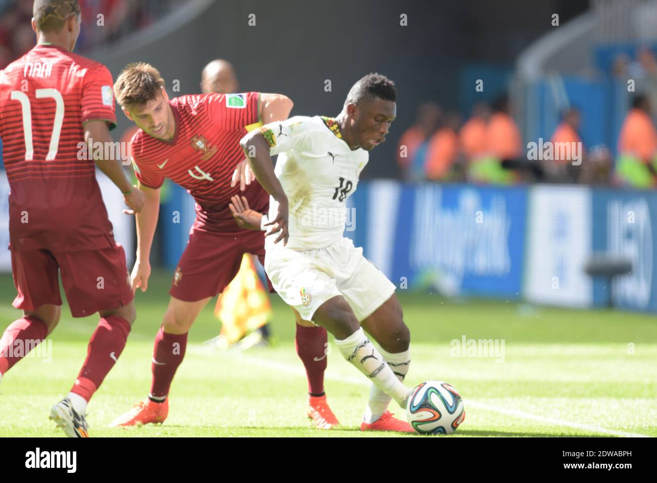Ghana's Abdul Majeed Waris battling Portugal's Miguel Veloso during Soccer World Cup 2014 First round Group G match Ghana v Portugal at National Stadium, Brasilia, Brazil on June 26, 2014. Portugal won 2-1. Photo by Henri Szwarc/ABACAPRESS.COM Stock Photo