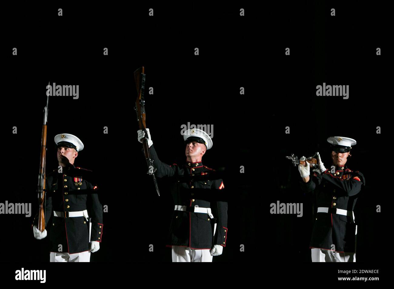 The Marine Corps Silent Drill Platoon performs during The Marine Barracks Evening Parade in Washington, DC, USA., on June 27, 2014. Photo by Kristoffer Tripplaar/Pool/ABACAPRESS.COM Stock Photo