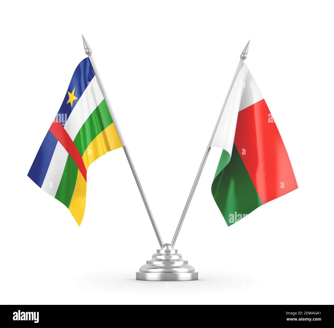 Madagascar and Central African Republic table flags isolated on white ...