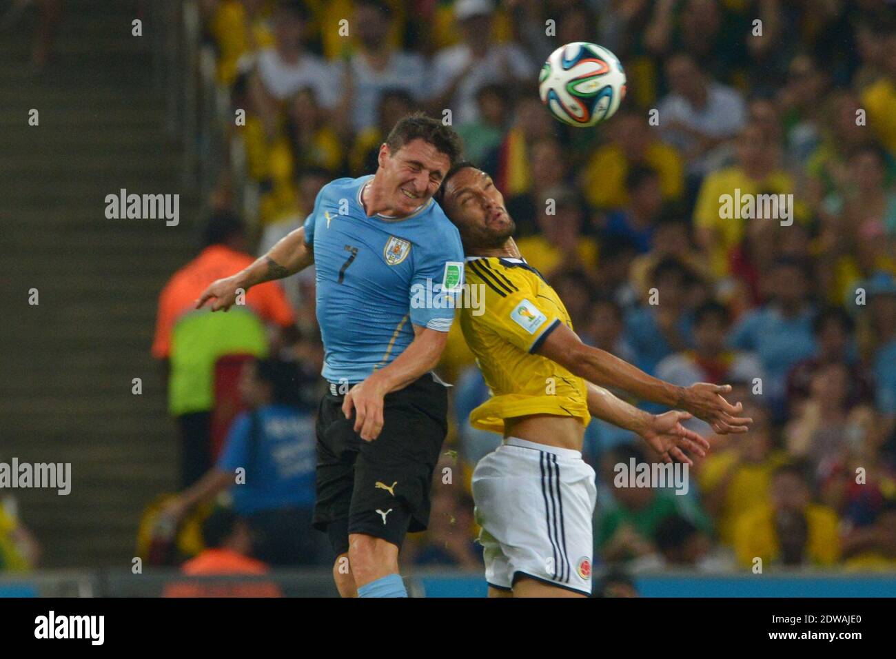 Colombia's Abel Aguilar battling Uruguay's Cristian Rodriguez during Soccer World Cup 2014 1/8 of final round match Colombia v Uruguay at Maracana Stadium, Rio de Janeiro, Brazil on June 28, 2014. Colombia won 2-0. Photo by Henri Szwarc/ABACAPRESS.COM Stock Photo