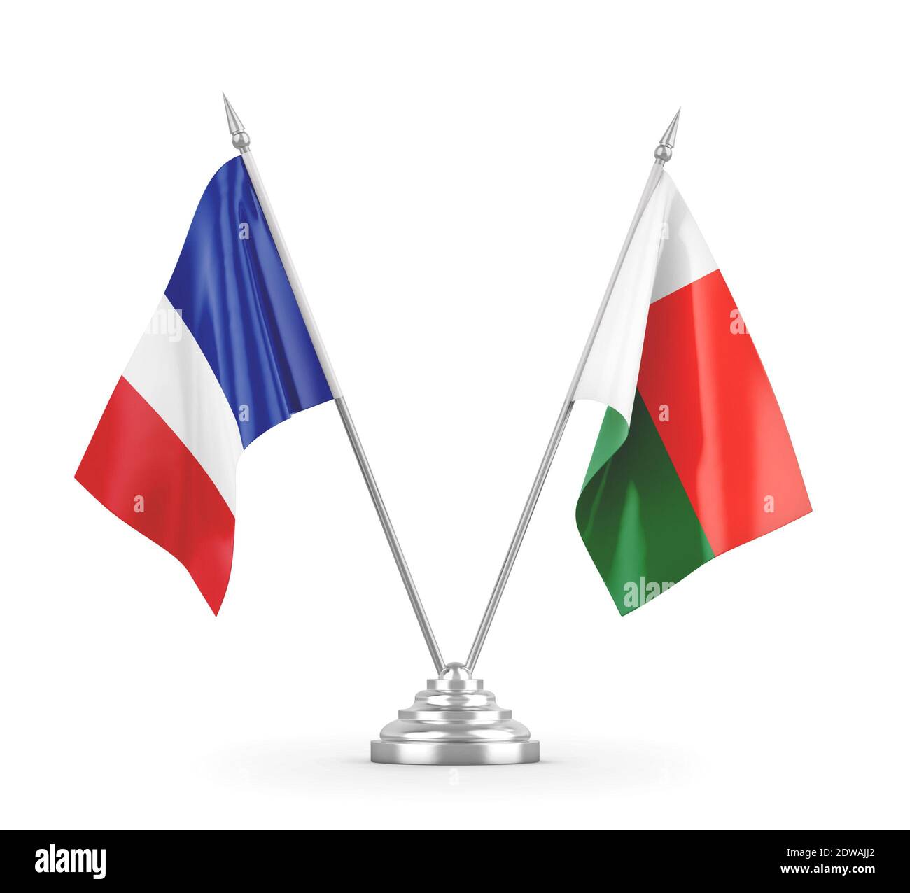 Madagascar and France table flags isolated on white 3D rendering Stock
